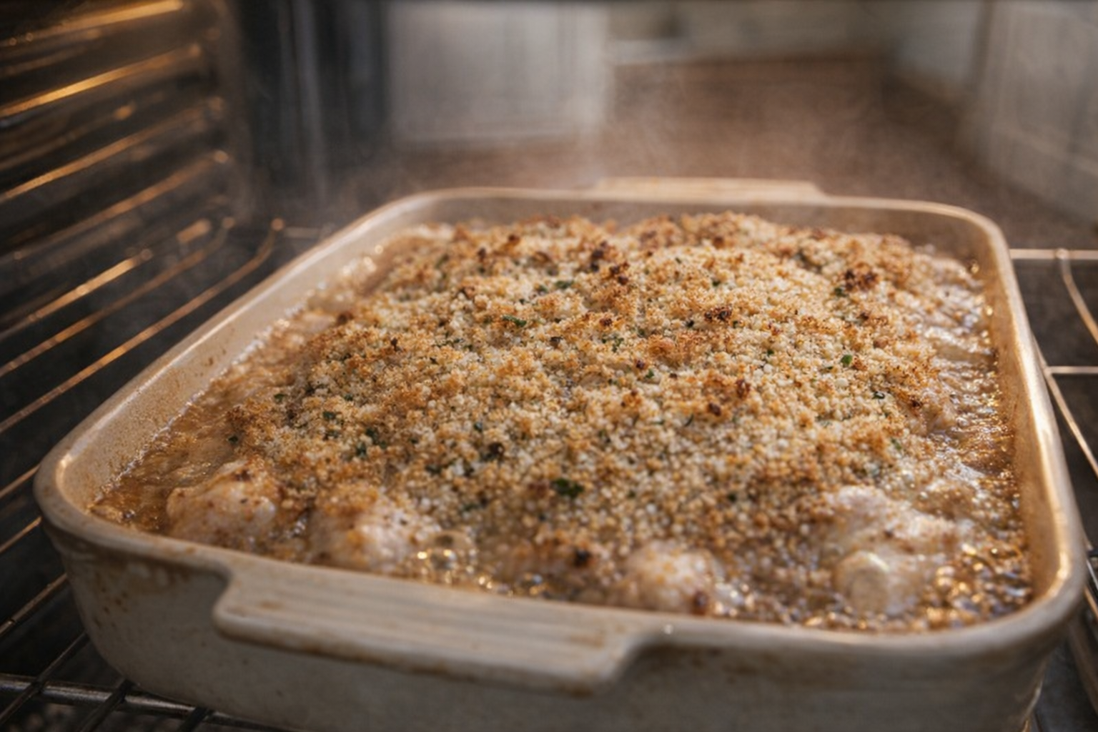 A close-up, eye-level shot of a chicken casserole baking in the oven, bubbling slightly, with a golden-brown breadcrumb topping